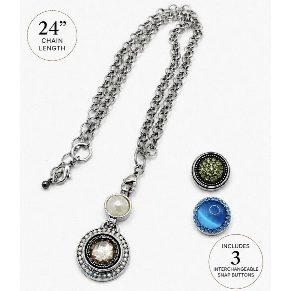 Interchangeable Snap Necklace 24” Silver Tone + 3 Buttons Ginger Snaps